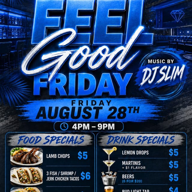 💜 FEEL GOOD FRIDAYS 💜  FRIDAYS AT JEWLZ LOUNGE  ✨ GOOD FOOD • GOOD DRINKS • GOOD MUSIC • GOOD VIBES ✨  🍽️ FOOD SPECIALS 