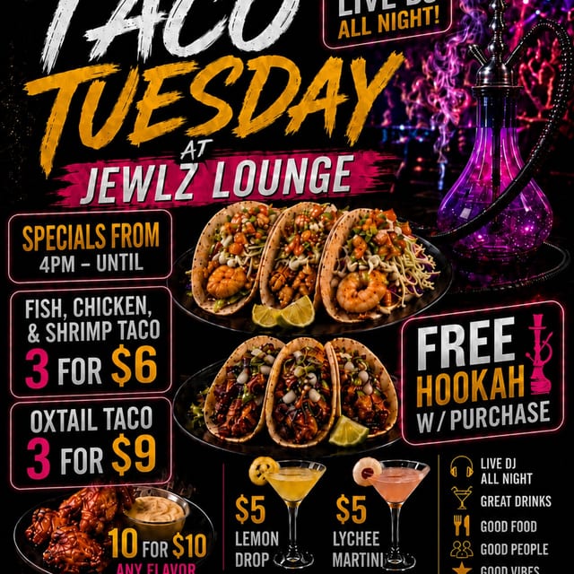 TACO TUESDAYS,  $3 Oxtails Tacos  w FREE HOOKAH 