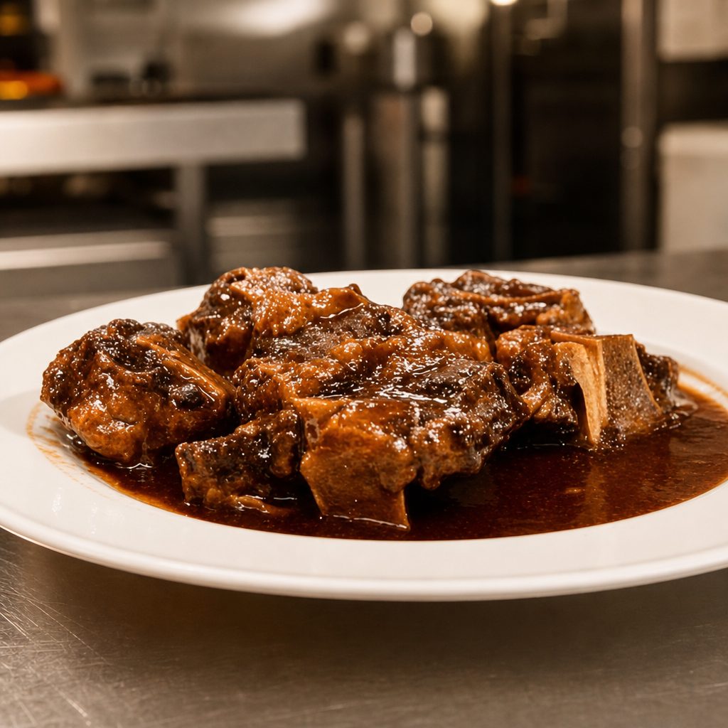 Oxtails Served with White Jasmine Rice Cabbage and Plantains.